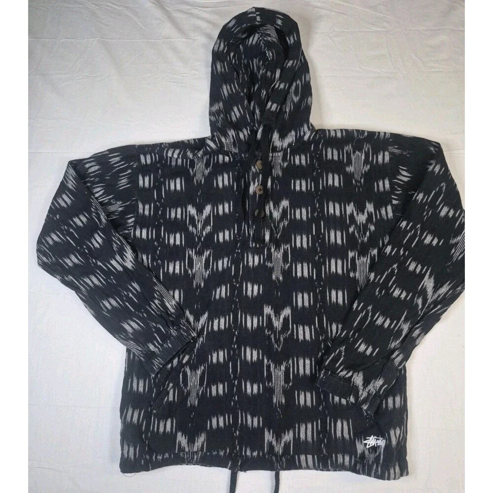 Stussy Pullover Mens SzSmall Gray Ikat Print Hoodie Quarter Button Beach Cotton